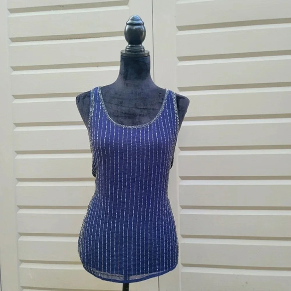 Jennifer Lopez Flowing Elegant Evening Beaded Fully Lined Tank Top Blouse Blue S - Picture 1 of 8